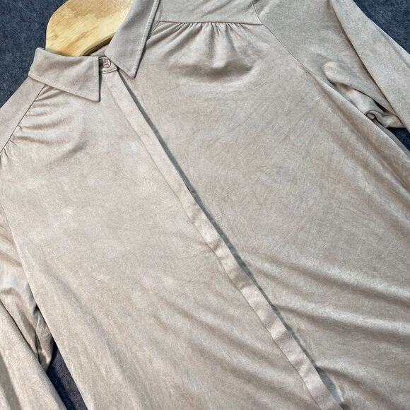 Chico's Tops - Chico's Beige Size 2 Faux Suede Button Down‎ Blouse Stretch Career Work Top